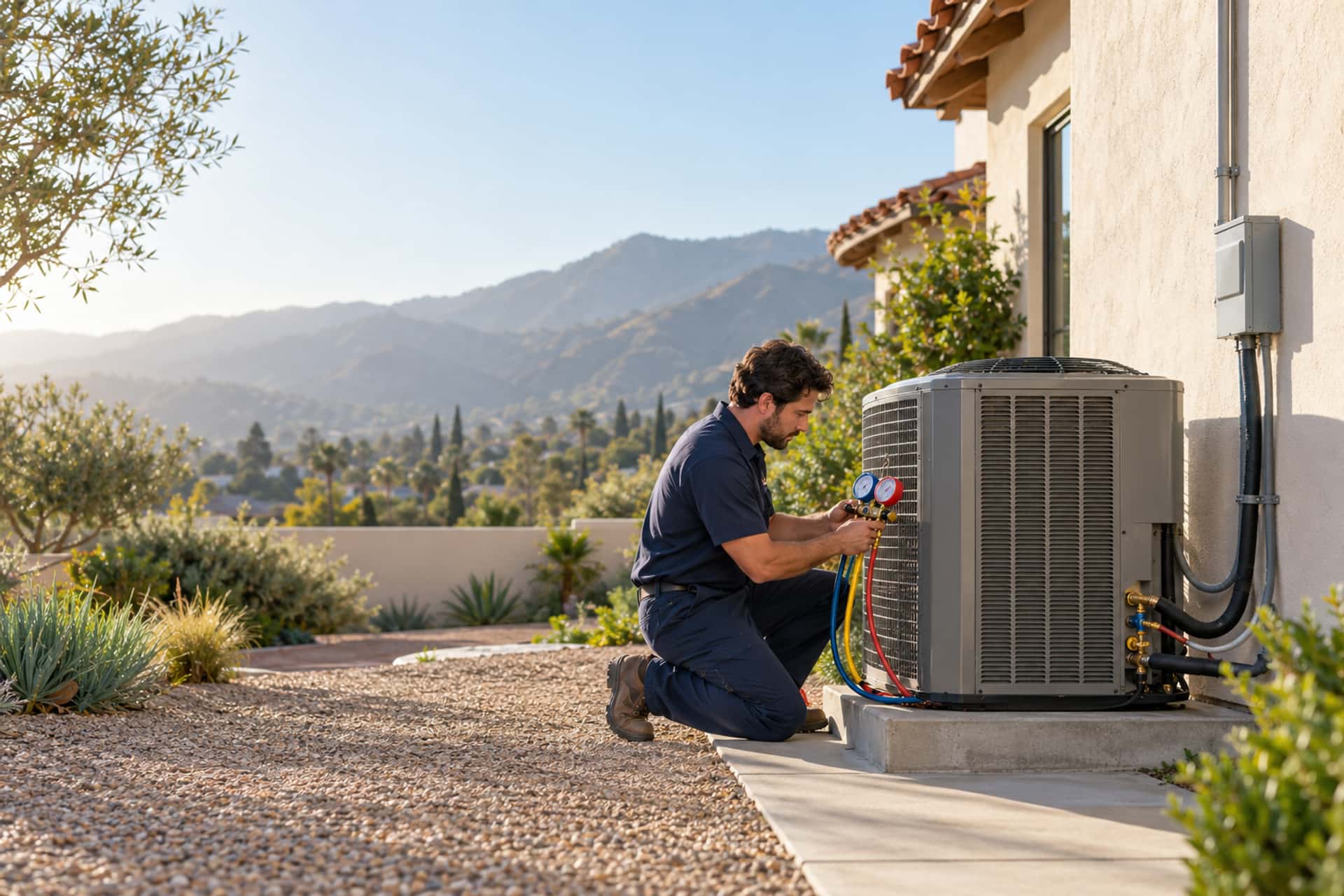 Licensed technician from an HVAC company in Glendale checking a new AC condenser beside a stucco home